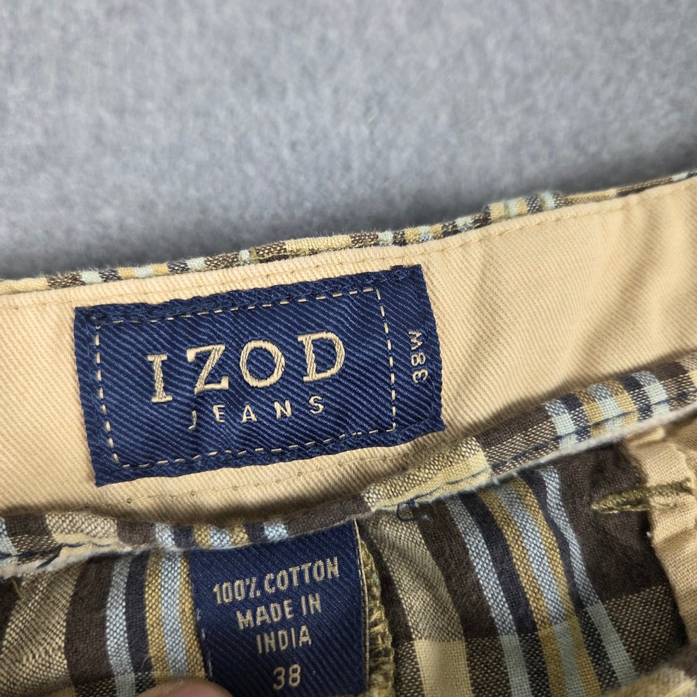 IZOD Plaid Shorts Mens 38 Brown Tan Blue Excellent Cotton Flat Front Casual - Picture 3 of 13